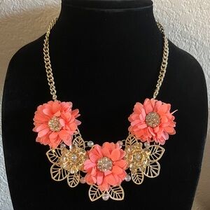 Charming Charlie Coral and Gold‎ Floral Chunky Statement Necklace